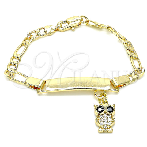 Oro Laminado ID Bracelet, Gold Filled Style Nameplate and Owl Design, with White and Black Micro Pave, Polished, Golden Finish, 03.63.2173.06 (05 MM Thickness, 6 Inches Length)