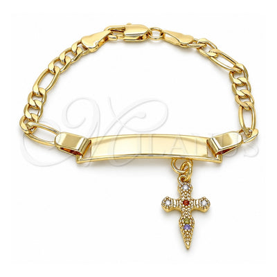 Oro Laminado ID Bracelet, Gold Filled Style Nameplate and Cross Design, with Multicolor Micro Pave, Polished, Golden Finish, 03.63.2176.1.06 (05 MM Thickness, 6 Inches Length)