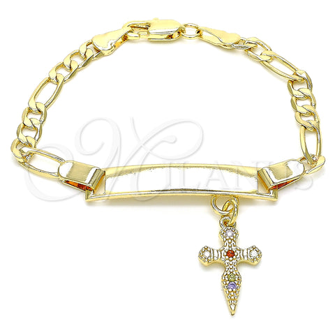 Oro Laminado ID Bracelet, Gold Filled Style Nameplate and Cross Design, with Multicolor Micro Pave, Polished, Golden Finish, 03.63.2176.1.06 (05 MM Thickness, 6 Inches Length)