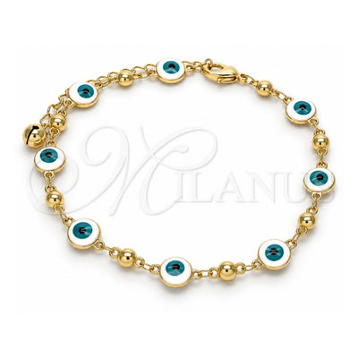 Oro Laminado Fancy Anklet, Gold Filled Style Evil Eye Design, White Enamel Finish, Golden Finish, 03.213.0018.1.10 (08 MM Thickness, 10 Inches Length)