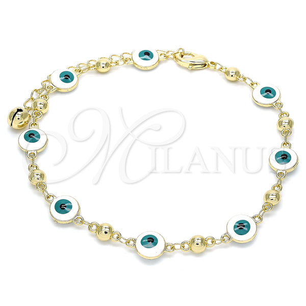 Oro Laminado Fancy Anklet, Gold Filled Style Evil Eye Design, White Enamel Finish, Golden Finish, 03.213.0018.1.10 (08 MM Thickness, 10 Inches Length)