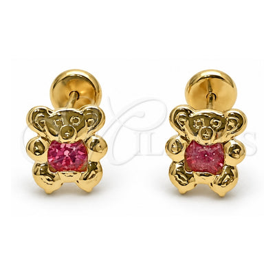 Oro Laminado Stud Earring, Gold Filled Style Teddy Bear Design, with Pink Cubic Zirconia, Polished, Golden Finish, 02.09.0204