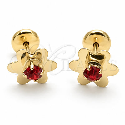 Oro Laminado Stud Earring, Gold Filled Style Flower Design, with Garnet Cubic Zirconia, Polished, Golden Finish, 02.09.0205