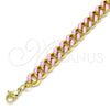 Oro Laminado Basic Bracelet, Gold Filled Style Miami Cuban Design, Pink Enamel Finish, Golden Finish, 03.341.0075.1.07 (08 MM Thickness, 7 Inches Length)