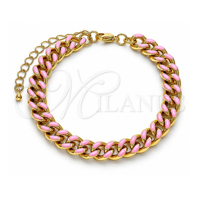 Oro Laminado Basic Bracelet, Gold Filled Style Miami Cuban Design, Pink Enamel Finish, Golden Finish, 03.341.0075.1.07 (08 MM Thickness, 7 Inches Length)