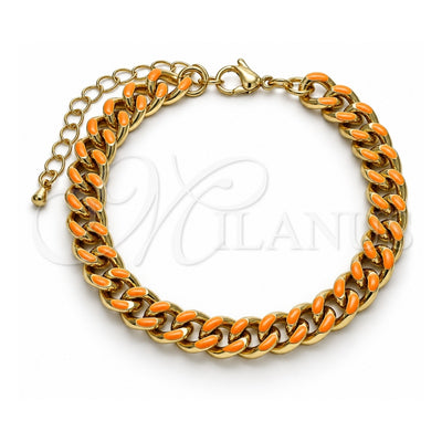 Oro Laminado Basic Bracelet, Gold Filled Style Miami Cuban Design, Orange Enamel Finish, Golden Finish, 03.341.0075.5.07 (08 MM Thickness, 7 Inches Length)