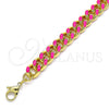 Oro Laminado Basic Bracelet, Gold Filled Style Miami Cuban Design, Dark Pink Enamel Finish, Golden Finish, 03.341.0075.6.07 (08 MM Thickness, 7 Inches Length)