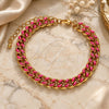 Oro Laminado Basic Bracelet, Gold Filled Style Miami Cuban Design, Dark Pink Enamel Finish, Golden Finish, 03.341.0075.6.07 (08 MM Thickness, 7 Inches Length)