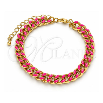 Oro Laminado Basic Bracelet, Gold Filled Style Miami Cuban Design, Dark Pink Enamel Finish, Golden Finish, 03.341.0075.6.07 (08 MM Thickness, 7 Inches Length)