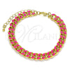 Oro Laminado Basic Bracelet, Gold Filled Style Miami Cuban Design, Dark Pink Enamel Finish, Golden Finish, 03.341.0075.6.07 (08 MM Thickness, 7 Inches Length)
