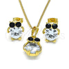 Oro Laminado Earring and Pendant Adult Set, Gold Filled Style Owl Design, with Black and White Crystal, Polished, Golden Finish, 10.379.0002