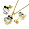 Oro Laminado Earring and Pendant Adult Set, Gold Filled Style Owl Design, with Black and White Crystal, Polished, Golden Finish, 10.379.0002