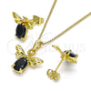 Oro Laminado Earring and Pendant Adult Set, Gold Filled Style Bee Design, with Black Crystal, Polished, Golden Finish, 10.379.0003