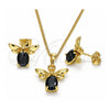 Oro Laminado Earring and Pendant Adult Set, Gold Filled Style Bee Design, with Black Crystal, Polished, Golden Finish, 10.379.0003