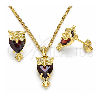 Oro Laminado Earring and Pendant Adult Set, Gold Filled Style Owl Design, with Garnet Crystal, Polished, Golden Finish, 10.379.0008.1