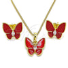 Oro Laminado Earring and Pendant Adult Set, Gold Filled Style Butterfly Design, with White Crystal, Red Enamel Finish, Golden Finish, 10.379.0009.1