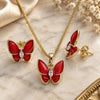 Oro Laminado Earring and Pendant Adult Set, Gold Filled Style Butterfly Design, with White Crystal, Red Enamel Finish, Golden Finish, 10.379.0009.1