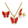 Oro Laminado Earring and Pendant Adult Set, Gold Filled Style Butterfly Design, with White Crystal, Red Enamel Finish, Golden Finish, 10.379.0009.1