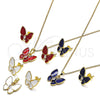 Oro Laminado Earring and Pendant Adult Set, Gold Filled Style Butterfly Design, with White Crystal, Red Enamel Finish, Golden Finish, 10.379.0009.1