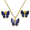 Oro Laminado Earring and Pendant Adult Set, Gold Filled Style Butterfly Design, with White Crystal, Blue Enamel Finish, Golden Finish, 10.379.0009.2