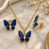 Oro Laminado Earring and Pendant Adult Set, Gold Filled Style Butterfly Design, with White Crystal, Blue Enamel Finish, Golden Finish, 10.379.0009.2