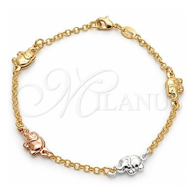 Oro Laminado Fancy Bracelet, Gold Filled Style Elephant and Rolo Design, Polished, Tricolor, 03.32.0259.07
