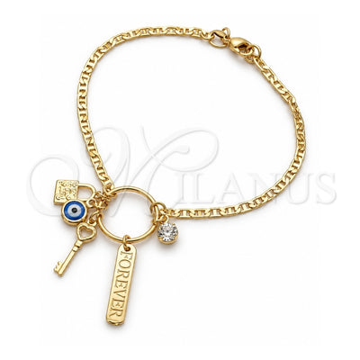 Oro Laminado Charm Bracelet, Gold Filled Style key and Mariner Design, with White Cubic Zirconia, Polished, Golden Finish, 03.32.0266.07