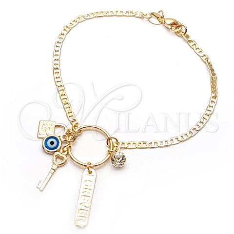 Oro Laminado Charm Bracelet, Gold Filled Style key and Mariner Design, with White Cubic Zirconia, Polished, Golden Finish, 03.32.0266.07