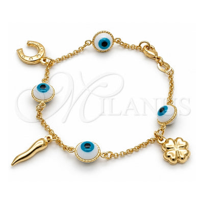 Oro Laminado Charm Bracelet, Gold Filled Style Four-leaf Clover and Rolo Design, Polished, Golden Finish, 03.32.0267.07