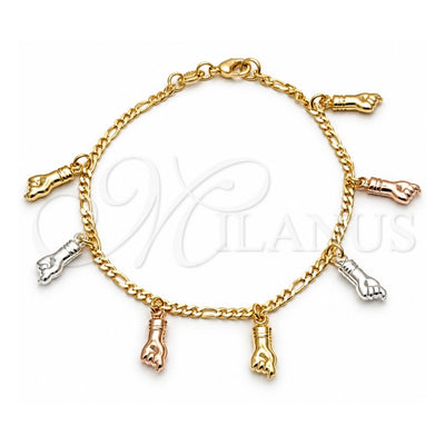 Oro Laminado Charm Bracelet, Gold Filled Style Hand and Figaro Concave Design, Polished, Tricolor, 03.32.0269.07