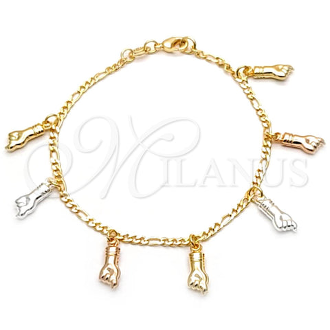 Oro Laminado Charm Bracelet, Gold Filled Style Hand and Figaro Concave Design, Polished, Tricolor, 03.32.0269.07
