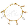 Oro Laminado Charm Bracelet, Gold Filled Style Hand and Figaro Concave Design, Polished, Tricolor, 03.32.0269.07
