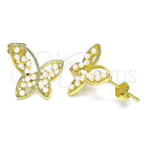 Oro Laminado Stud Earring, Gold Filled Style Butterfly Design, with Ivory Pearl, Polished, Golden Finish, 02.379.0003