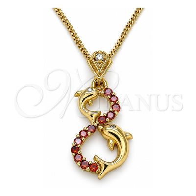 Oro Laminado Pendant Necklace, Gold Filled Style Dolphin Design, with Garnet and White Cubic Zirconia, Polished, Golden Finish, 04.346.0019.1.20 (01 MM Thickness, 20 Inches Length)