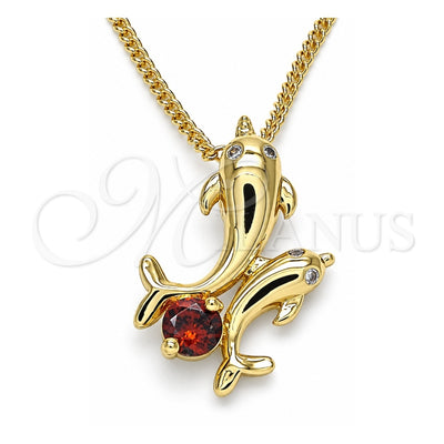 Oro Laminado Pendant Necklace, Gold Filled Style Dolphin Design, with Garnet Cubic Zirconia, Polished, Golden Finish, 04.346.0020.1.20 (01 MM Thickness, 20 Inches Length)