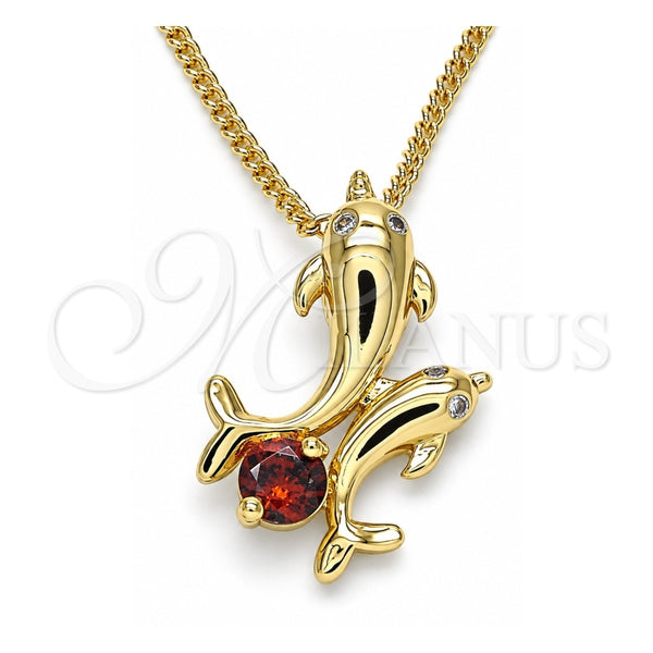 Oro Laminado Pendant Necklace, Gold Filled Style Dolphin Design, with Garnet Cubic Zirconia, Polished, Golden Finish, 04.346.0020.1.20 (01 MM Thickness, 20 Inches Length)