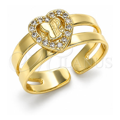 Oro Laminado Baby Ring, Gold Filled Style Heart and Butterfly Design, with White Micro Pave, Polished, Golden Finish, 01.233.0015 (One size fits all)
