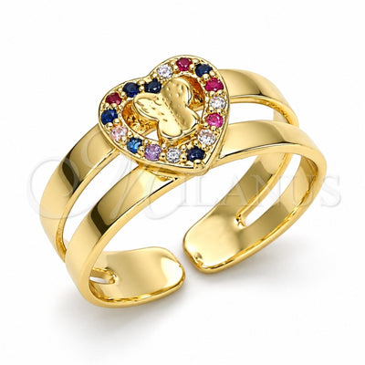 Oro Laminado Baby Ring, Gold Filled Style Heart and Butterfly Design, with Multicolor Micro Pave, Polished, Golden Finish, 01.233.0015.2 (One size fits all)