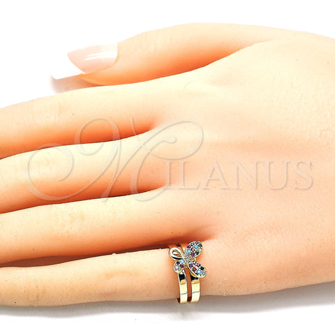 Oro Laminado Baby Ring, Gold Filled Style Butterfly Design, with Multicolor Micro Pave, Polished, Golden Finish, 01.233.0017.2 (One size fits all)