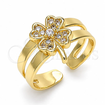 Oro Laminado Baby Ring, Gold Filled Style Four-leaf Clover Design, with White Micro Pave, Polished, Golden Finish, 01.233.0018 (One size fits all)