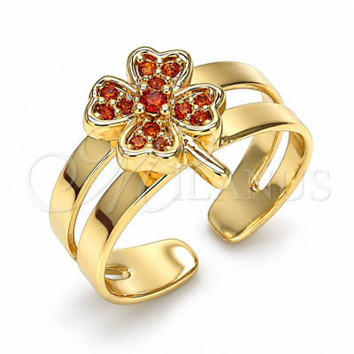 Oro Laminado Baby Ring, Gold Filled Style Four-leaf Clover Design, with Garnet Micro Pave, Polished, Golden Finish, 01.233.0018.1 (One size fits all)