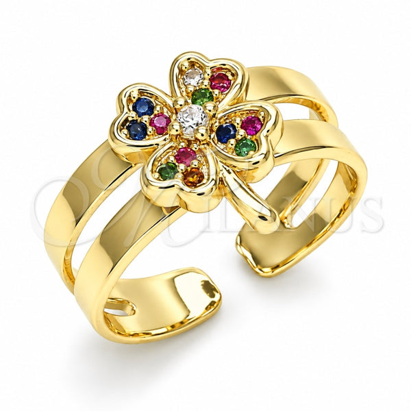 Oro Laminado Baby Ring, Gold Filled Style Four-leaf Clover Design, with Multicolor Micro Pave, Polished, Golden Finish, 01.233.0018.2 (One size fits all)