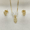 Oro Laminado Earring and Pendant Adult Set, Gold Filled Style Owl and Box Design, with White Mother of Pearl, Polished, Golden Finish, 10.09.0043