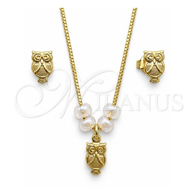 Oro Laminado Earring and Pendant Adult Set, Gold Filled Style Owl and Box Design, with White Mother of Pearl, Polished, Golden Finish, 10.09.0043