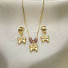Oro Laminado Earring and Pendant Adult Set, Gold Filled Style Butterfly and Box Design, with Astral Pink Opal, Polished, Golden Finish, 10.09.0047