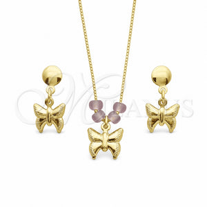 Oro Laminado Earring and Pendant Adult Set, Gold Filled Style Butterfly and Box Design, with Astral Pink Opal, Polished, Golden Finish, 10.09.0047