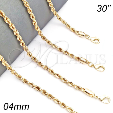 Oro Laminado Basic Necklace, Gold Filled Style Rope Design, Polished, Golden Finish, 04.213.0102.30 (04 MM Thickness, 30 Inches Length)