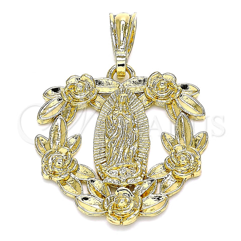 Oro Laminado Fancy Pendant, Gold Filled Style Guadalupe and Heart Design, Polished, Golden Finish, 05.351.0108