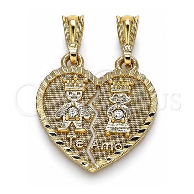 Oro Laminado Fancy Pendant, Gold Filled Style Little Girl and Little Boy Design, with White Crystal, Polished, Golden Finish, 05.351.0109