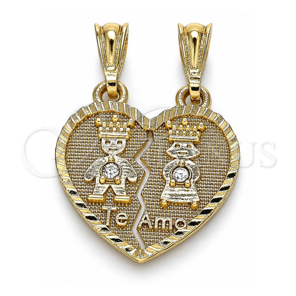 Oro Laminado Fancy Pendant, Gold Filled Style Little Girl and Little Boy Design, with White Crystal, Polished, Golden Finish, 05.351.0109